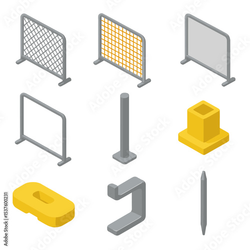 Temporary Fence Icons. Isometric Flat icon set of temporary fence panels: chain-link panel, mesh panel, solid panel, panel frame,