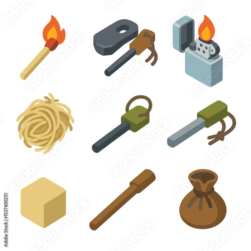 Torch Lighting Icon Set. Isometric Flat icon set of torch lighting tools: matchstick, flint and steel, lighter, tinder bundle,