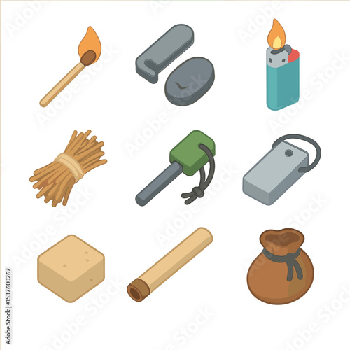 Torch Lighting Icon Set. Isometric Flat icon set of torch lighting tools: matchstick, flint and steel, lighter, tinder bundle,