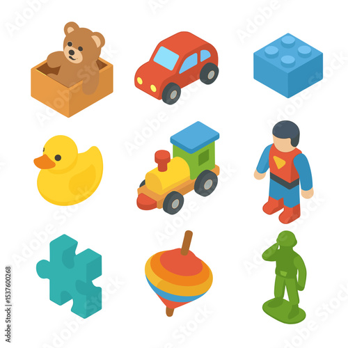 Toy Box Essentials. Isometric Flat icon set of toy box essentials: teddy bear, toy car, building block, rubber duck, wooden train,