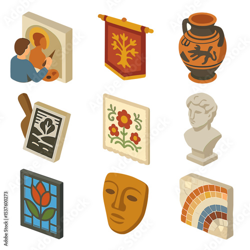 Traditional Art Icon Set. Isometric Flat icon set of traditional artwork icons: fresco painting, tapestry, pottery jar, woodcut