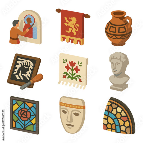 Traditional Art Icon Set. Isometric Flat icon set of traditional artwork icons: fresco painting, tapestry, pottery jar, woodcut