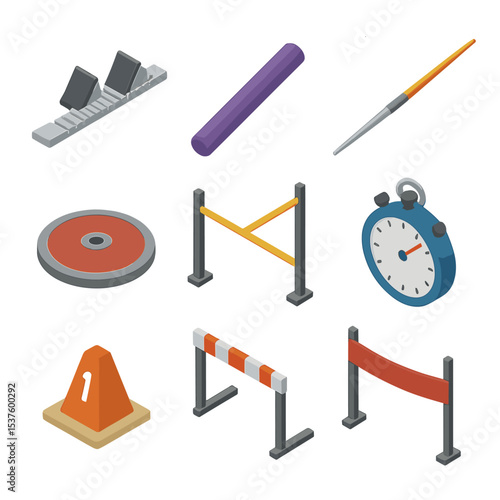Track and Field Icons. Isometric Flat icon set of track and field events: starting blocks, relay baton, javelin spear, discus