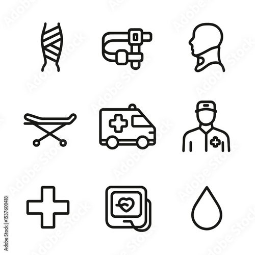 Trauma Care Icons. Outline icon set of trauma and emergency care: trauma wrap, tourniquet, cervical collar, stretcher, ambulance,