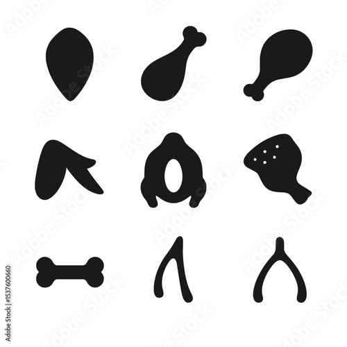 Turkey Anatomy Icons. Solid, Filled icon set of turkey anatomy parts: breast, drumstick, thigh, wing, cavity, skin, bone, breast