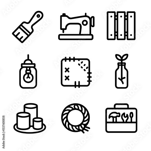 Upcycling Icon Set. Outline icon set of upcycling and DIY: paint brush, sewing machine, pallet wood plank, mason jar lamp, fabric
