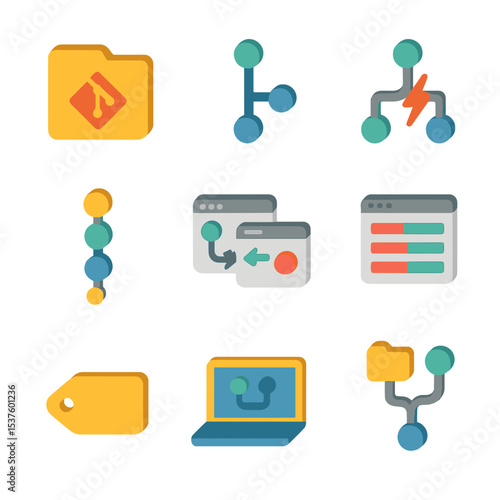 Version Control Icons. Isometric Flat icon set of version control systems: Git repository, branch icon, merge conflict, commit