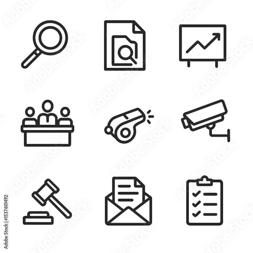 Accountability Icons Collection. Outline icon set of accountability mechanisms: audit magnifier, transparency file, performance
