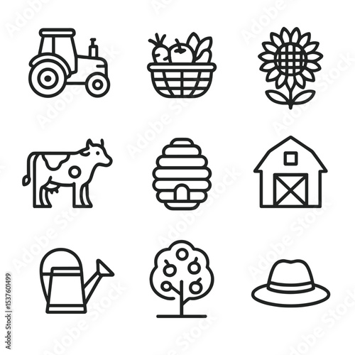 Agro-Tourism Icon Set. Outline icon set of agro-tourism experiences: farm tractor, vegetable basket, sunflower, dairy cow, beehive