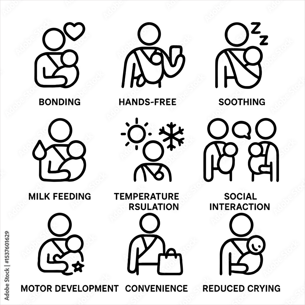 Babywearing Benefits Icons. Outline icon set of benefits of babywearing: bonding, hands-free task, soothing, milk feeding,