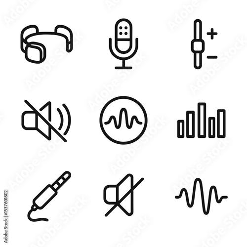 Audio Components Icons. Outline icon set of audio components: bone conduction speaker, microphone array, volume slider, noise