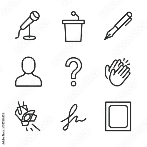 Author Event Icons. Outline icon set of author Q&A session: microphone stand, podium, autograph pen, author silhouette, question