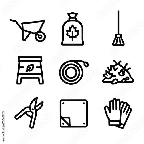 Autumn Garden Icon Set. Outline icon set of autumn garden cleanup tasks: wheelbarrow, leaf bag, broom, compost bin, garden hose