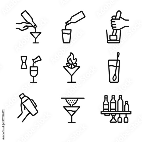 Bartending Technique Icons. Outline icon set of bartending techniques: flair pour, free pour, muddling, layering, flaming garnish,