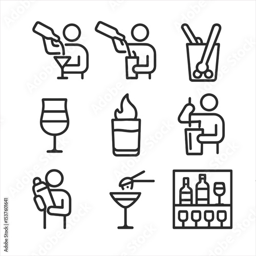 Bartending Technique Icons. Outline icon set of bartending techniques: flair pour, free pour, muddling, layering, flaming garnish,