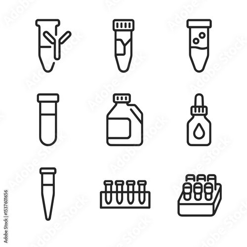Biomedical Assay Icon Set. Outline icon set of biomedical assay reagents: enzyme solution, antibody vial, substrate mix, buffer