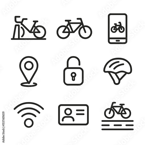 Bike-Sharing Icon Set. Outline icon set of bike-sharing systems: shared bike dock, bicycle silhouette, smartphone app, map pin,
