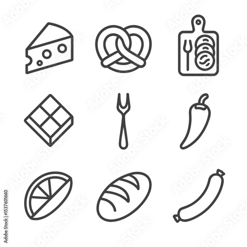 Beer Pairing Icons. Outline icon set of beer and food pairing: cheese wedge, pretzel knot, charcuterie board, chocolate piece,