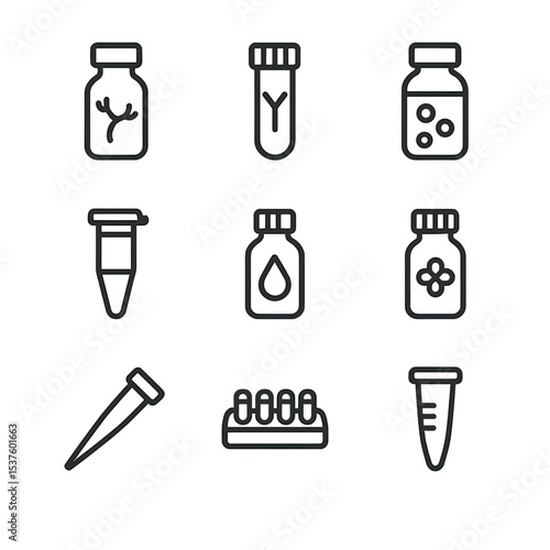 Biomedical Assay Icon Set. Outline icon set of biomedical assay reagents: enzyme solution, antibody vial, substrate mix, buffer