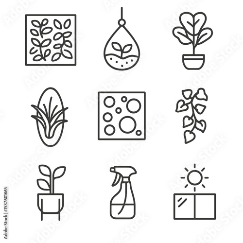 Biophilic Indoor Icon Set. Outline icon set of biophilic indoor greenery: living wall panel, hanging terrarium, fiddle leaf fig,