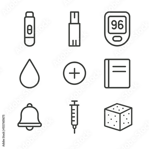 Blood Glucose Monitoring Icons. Outline icon set of blood glucose monitoring: lancet device, test strip, glucometer screen, blood