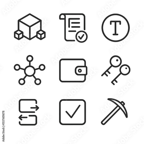 Blockchain Icon Set. Outline icon set of blockchain-enabled enterprises: blockchain cube, smart contract scroll, token coin,
