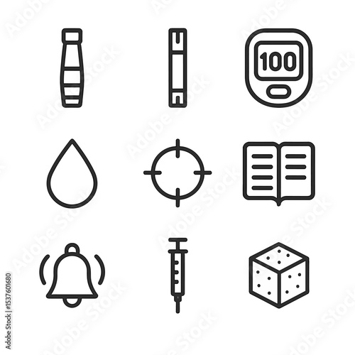 Blood Glucose Monitoring Icons. Outline icon set of blood glucose monitoring: lancet device, test strip, glucometer screen, blood