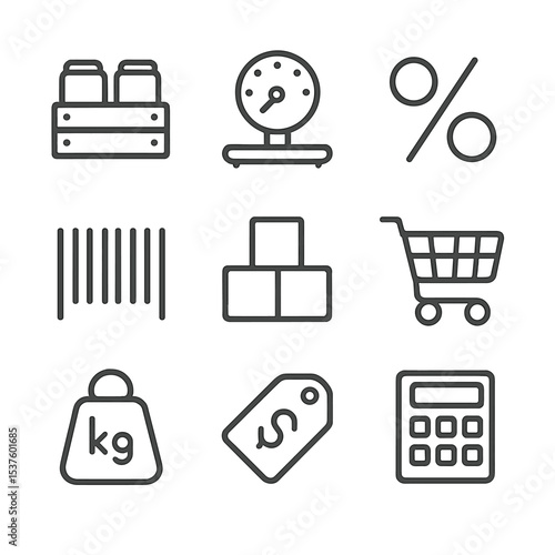 Bulk Savings Icons. Outline icon set of bulk purchase savings: crate of cans, scale, percent sign, barcode, stacked boxes,