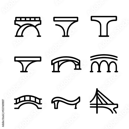 Curved Bridge Icons. Outline icon set of curved concrete bridge components: arch bridge, segmental arch, box girder, curved beam,