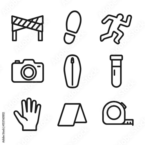 Crime Scene Icons. Outline icon set of crime scene investigation: police tape, footprint, chalk outline, camera, body bag, vial of