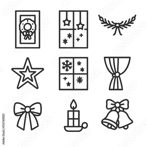 Decorative Icon Set. Outline icon set of window and door embellishments: wreath on door, window silhouette lights, garland swag,