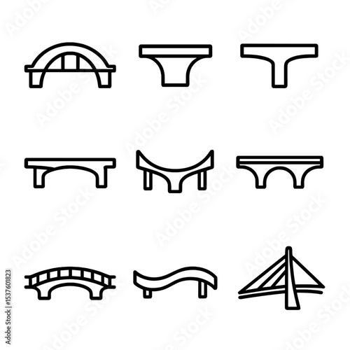 Curved Bridge Icons. Outline icon set of curved concrete bridge components: arch bridge, segmental arch, box girder, curved beam,