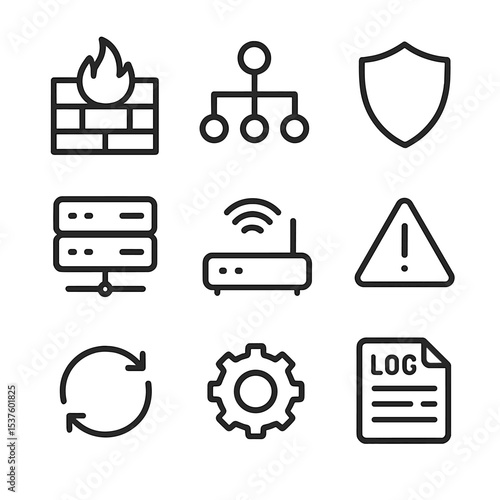 Cybersecurity Icon Set. Outline icon set of cybersecurity firewall setup: firewall wall, network diagram, shield icon, server rack