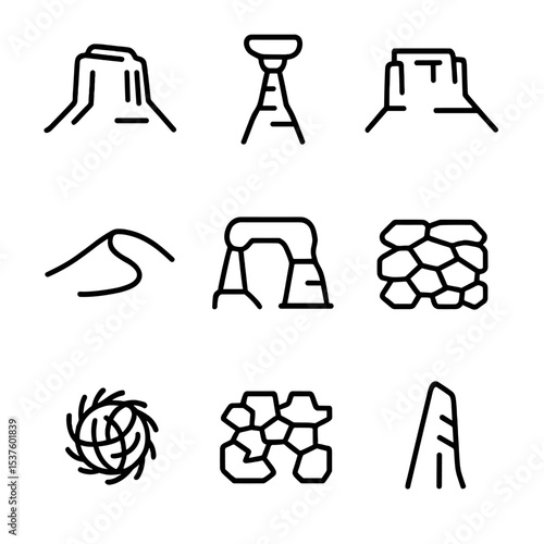 Desert Rock Icon Set. Outline icon set of desert rock formations: sandstone butte, hoodoo pillar, rock mesa, eroded arch, dune