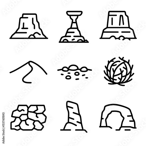Desert Rock Icon Set. Outline icon set of desert rock formations: sandstone butte, hoodoo pillar, rock mesa, eroded arch, dune