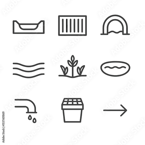 Drainage Icon Set. Outline icon set of drainage and stormwater channels: gutter trough, storm drain grate, culvert arch, swale