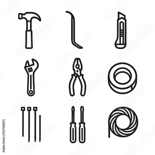 DIY Emergency Tool Icons. Outline icon set of DIY emergency tools kit: hammer, pry bar, utility knife, adjustable wrench, pliers,