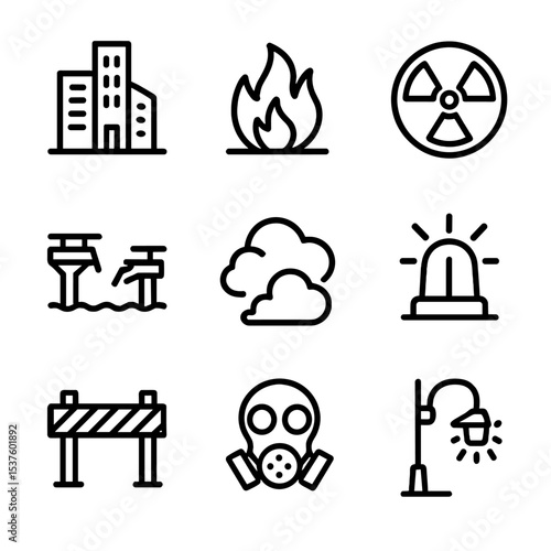 Dystopian City Icons. Outline icon set of dystopian cityscape: skyscraper silhouette, raging fire, collapsed bridge, radiation