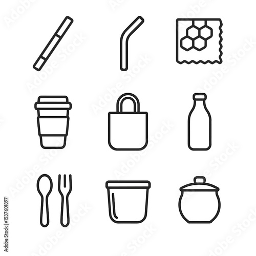 Eco-Friendly Icons. Outline icon set of alternatives to single-use plastics: bamboo straw, metal straw, beeswax wrap, reusable cup