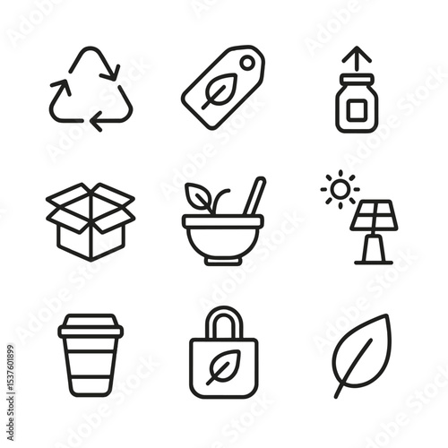Eco-Friendly Icon Set. Outline icon set of sustainable and eco-friendly crafts: recycled material icon, biodegradable tag,