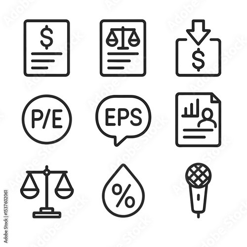 Financial Analysis Icons. Outline icon set of fundamental analysis: income statement, balance sheet, cash flow icon, P/E ratio