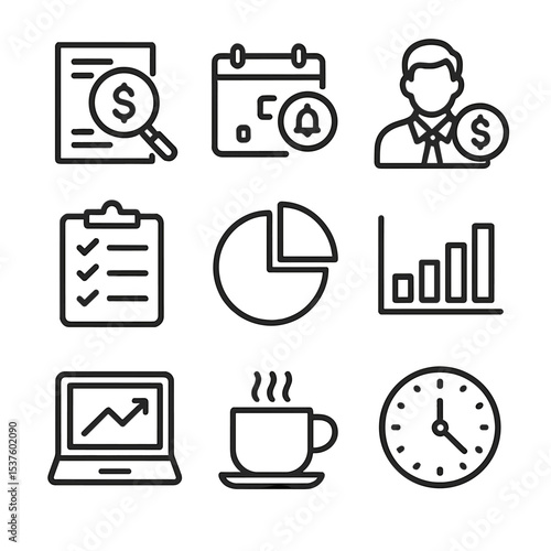 Financial Review Icons. Outline icon set of regular financial review and checkups: magnifying glass over report, calendar reminder