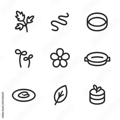 Food Presentation Icons. Outline icon set of plating & presentation: garnish sprig, sauce drizzle, plating ring, microgreens,