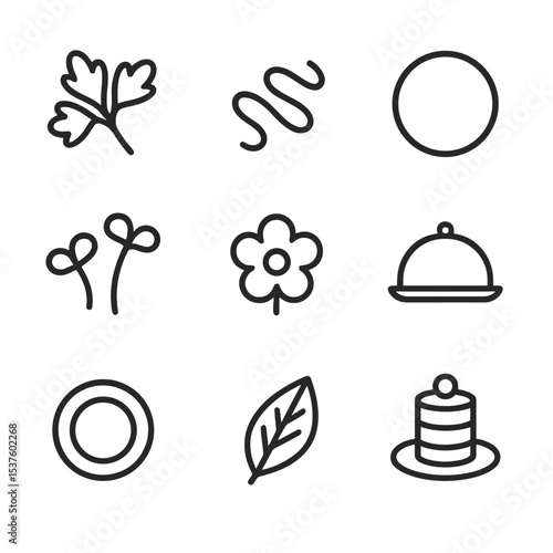 Food Presentation Icons. Outline icon set of plating & presentation: garnish sprig, sauce drizzle, plating ring, microgreens,