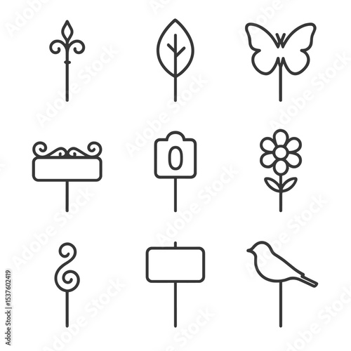 Garden Stake Icons. Outline icon set of artistic garden stakes and labels: wrought-iron stake, leaf-shaped label, butterfly topper