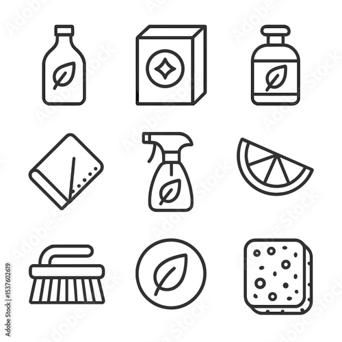 Green Cleaning Icons. Outline icon set of green cleaning products: vinegar bottle, baking soda box, castile soap, microfiber cloth