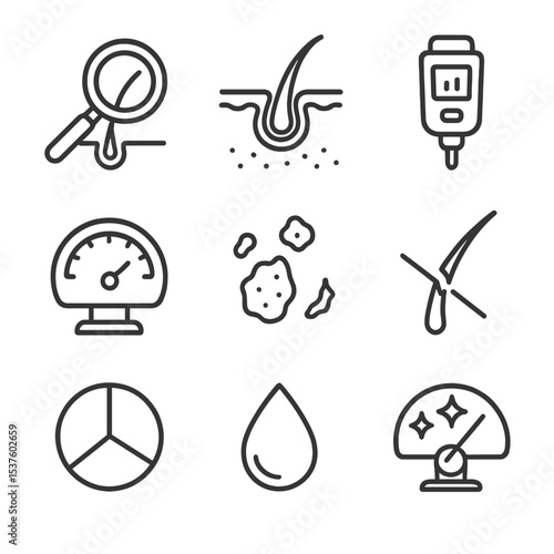 Hair Health Icons. Outline icon set of hair health diagnostics: scalp magnifier, follicle cross-section, pH meter, elasticity