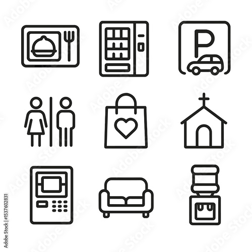 Hospital Facility Icons. Outline icon set of hospital facilities and amenities: cafeteria tray, vending machine, parking lot,