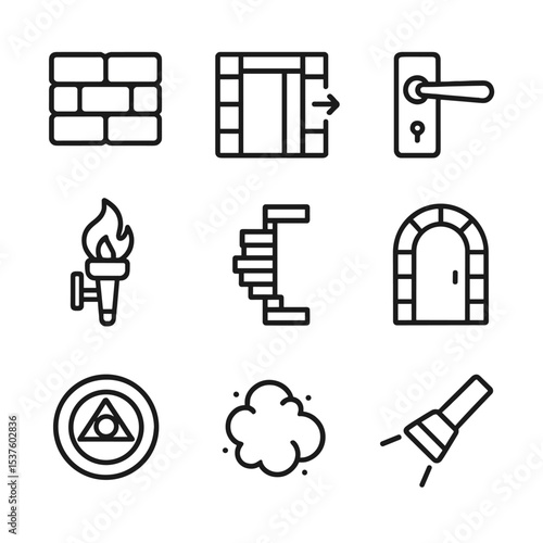 Hidden Passage Icons. Outline icon set of hidden passage discovery: stone wall, sliding panel, lever handle, torch sconce, spiral