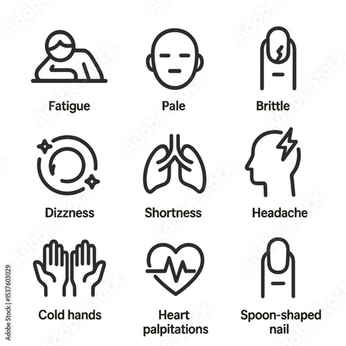 Iron Deficiency Icons. Outline icon set of iron deficiency symptoms: fatigue icon, pale face silhouette, brittle nail, dizziness